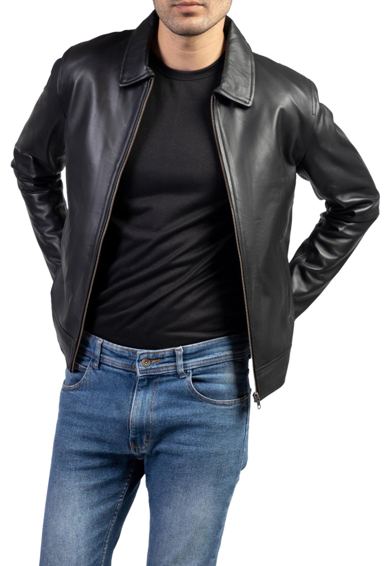 Jild Polo Collar Premium Leather Jacket Men Old School Classic Style Everyday Wear Real Lambskin Mens Leather Jacket PoloBlkM