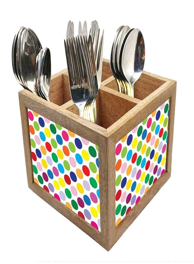 Nutcase Wooden Cutlery Stand Holder Silverware Caddy Spoons Forks Knives Organizer for Dining Table & Kitchen -Made in India-Spoons NOT Included - Colorful Dots - Image 1