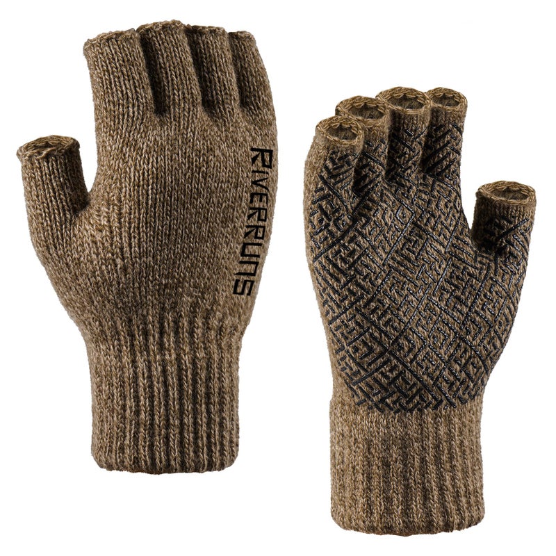 Riverruns Wool Fingerless Gloves for Men Women, Anti-Slip with Grip Print, Thermal & Soft Winter Fingerless Knitted Gloves for Cold Weather, Hunting Fishing Hiking Kayaking (Coffee, S/M) - Image 1