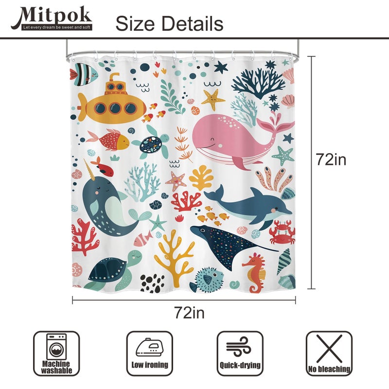 Mitpok 4 PCS Kids Shower Curtain Set 72Wx72H Kid Bathroom Set Summer Ocean Fish Cute Whale Sea Animal Funny Underwater Bath Rug Toilet Lid Cover U Shape Mat Accessories 12 Hooks Bathroom Decors - Image 5