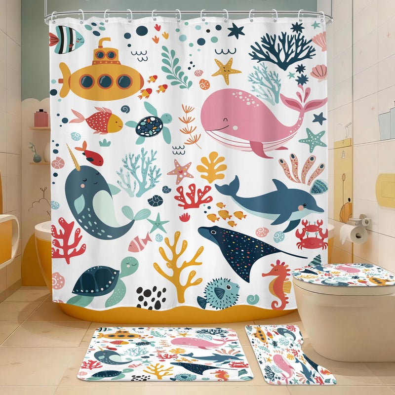 Mitpok 4 PCS Kids Shower Curtain Set 72Wx72H Kid Bathroom Set Summer Ocean Fish Cute Whale Sea Animal Funny Underwater Bath Rug Toilet Lid Cover U Shape Mat Accessories 12 Hooks Bathroom Decors - Image 1