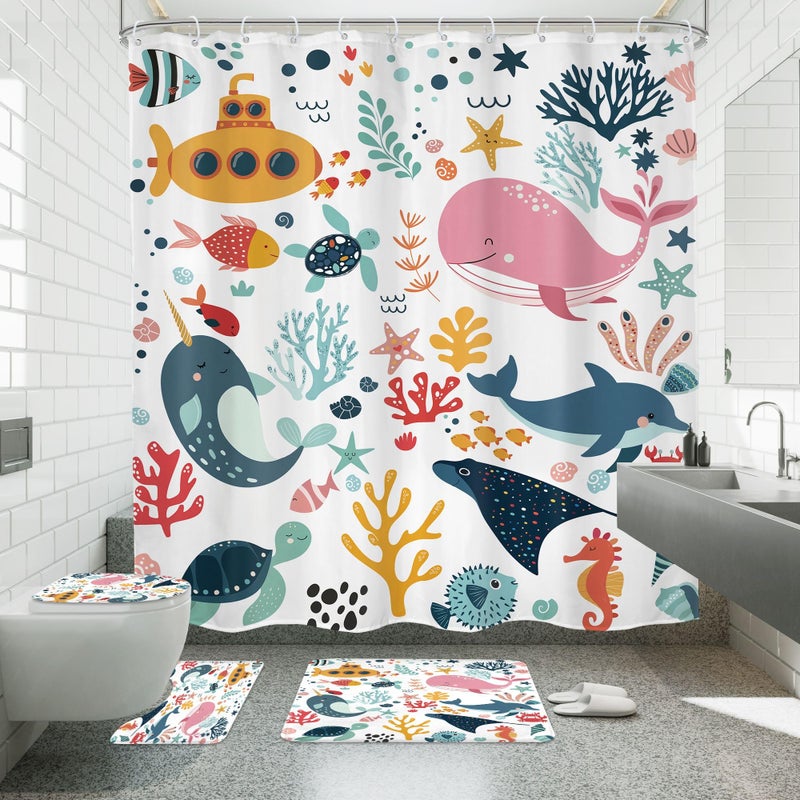 Mitpok 4 PCS Kids Shower Curtain Set 72Wx72H Kid Bathroom Set Summer Ocean Fish Cute Whale Sea Animal Funny Underwater Bath Rug Toilet Lid Cover U Shape Mat Accessories 12 Hooks Bathroom Decors - Image 3