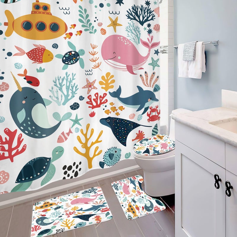 Mitpok 4 PCS Kids Shower Curtain Set 72Wx72H Kid Bathroom Set Summer Ocean Fish Cute Whale Sea Animal Funny Underwater Bath Rug Toilet Lid Cover U Shape Mat Accessories 12 Hooks Bathroom Decors - Image 4