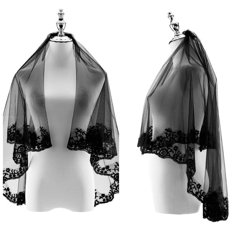 Ayliss Women Mesh Veils Black Bridal Birdcage Short Wedding Face Veil with Clip Tulle Gothic Bride Cosplay Halloween Costume(Length Black Lace #1) - Image 4
