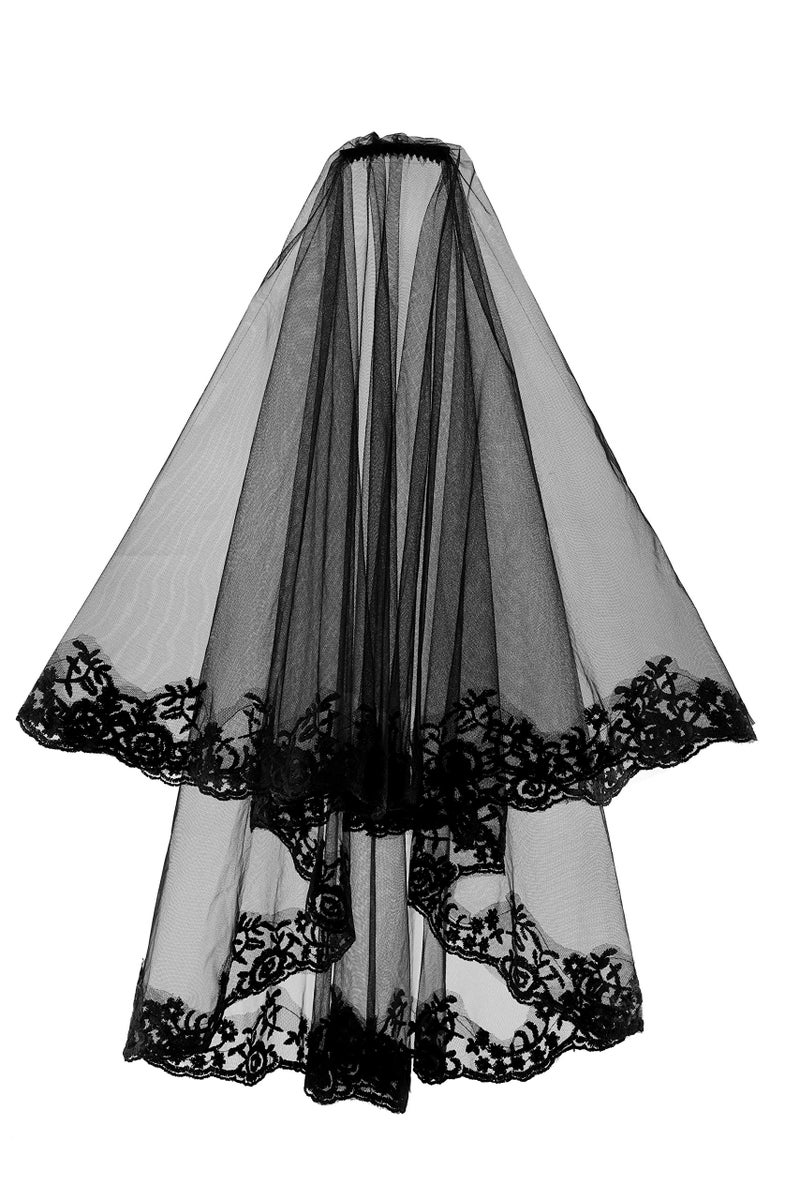 Ayliss Women Mesh Veils Black Bridal Birdcage Short Wedding Face Veil with Clip Tulle Gothic Bride Cosplay Halloween Costume(Length Black Lace #1) - Image 1