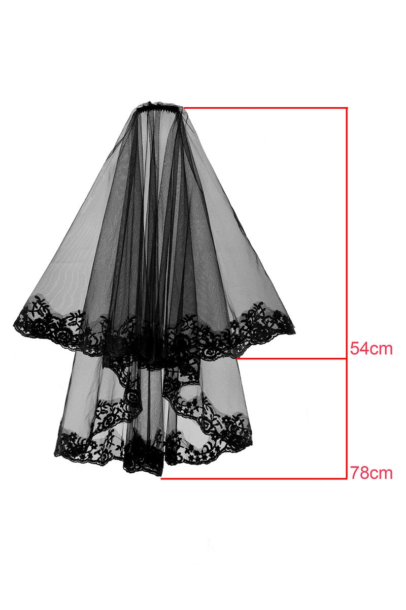 Ayliss Women Mesh Veils Black Bridal Birdcage Short Wedding Face Veil with Clip Tulle Gothic Bride Cosplay Halloween Costume(Length Black Lace #1) - Image 2