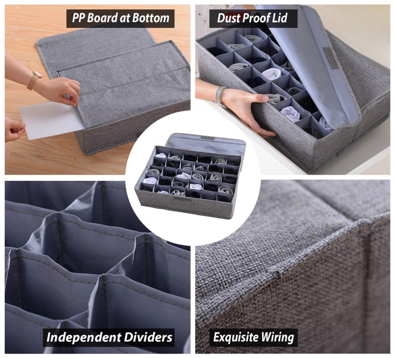 AARAINBOW 2 Packs Underwear Socks Ties Storage Organizer with Lids Foldable Closet Drawer Organizer 60 Cells, Fabric Wardrobe Divider Storage Boxes for Scarves and Lingerie (30 Cell, 2 Gray) - Image 3