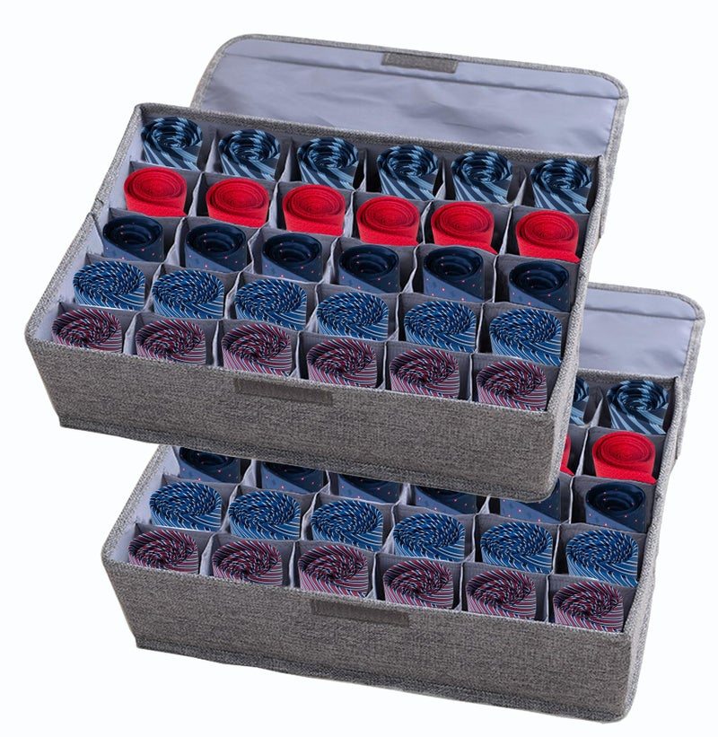 AARAINBOW 2 Packs Underwear Socks Ties Storage Organizer with Lids Foldable Closet Drawer Organizer 60 Cells, Fabric Wardrobe Divider Storage Boxes for Scarves and Lingerie (30 Cell, 2 Gray) - Image 1