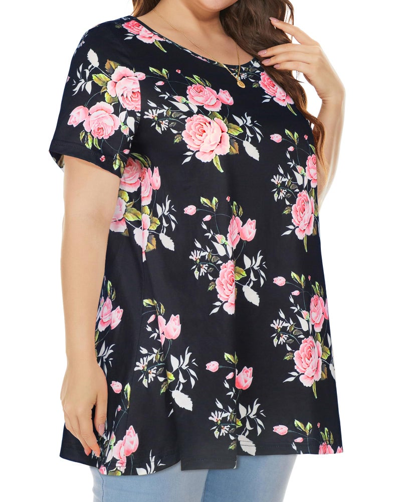JOELLYUS Plus Size Tops for Women Tunic Floral Casual Short Sleeves T Shirts Flowy Blouses(BKPR,3XL) - Image 3
