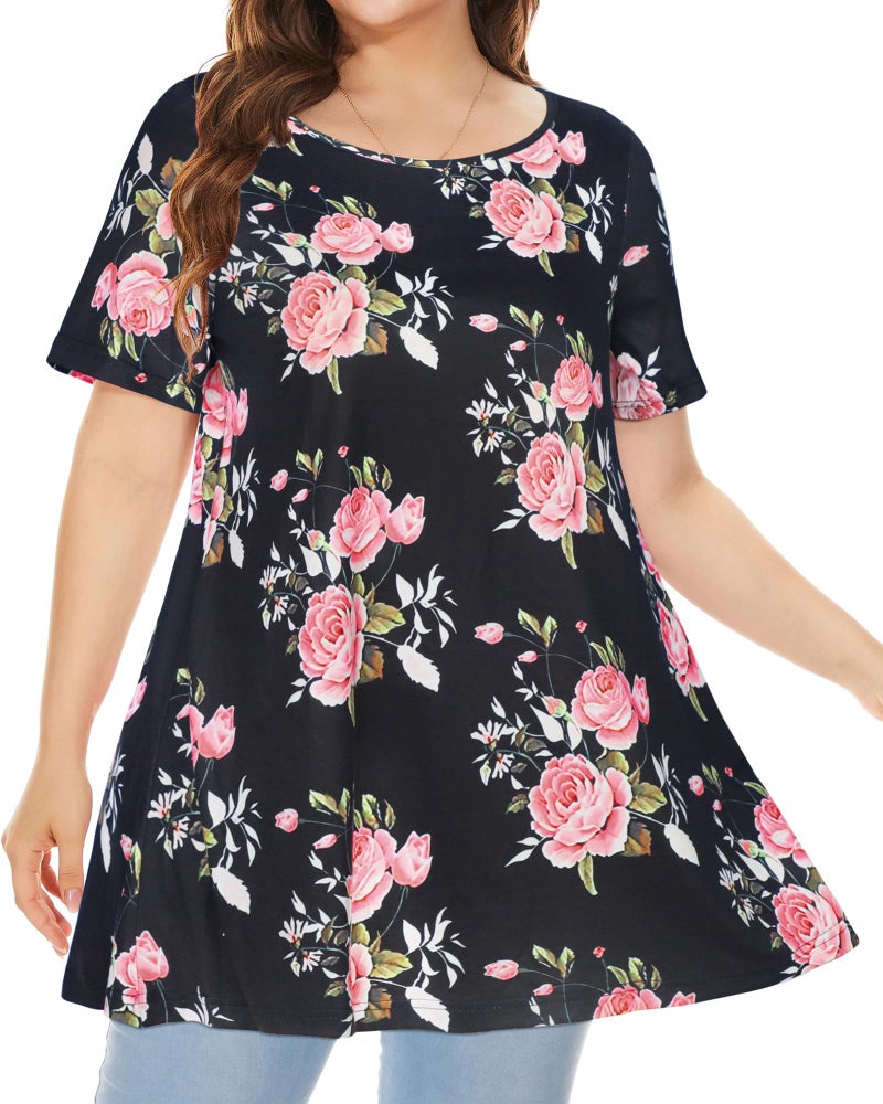 JOELLYUS Plus Size Tops for Women Tunic Floral Casual Short Sleeves T Shirts Flowy Blouses(BKPR,3XL) - Image 4