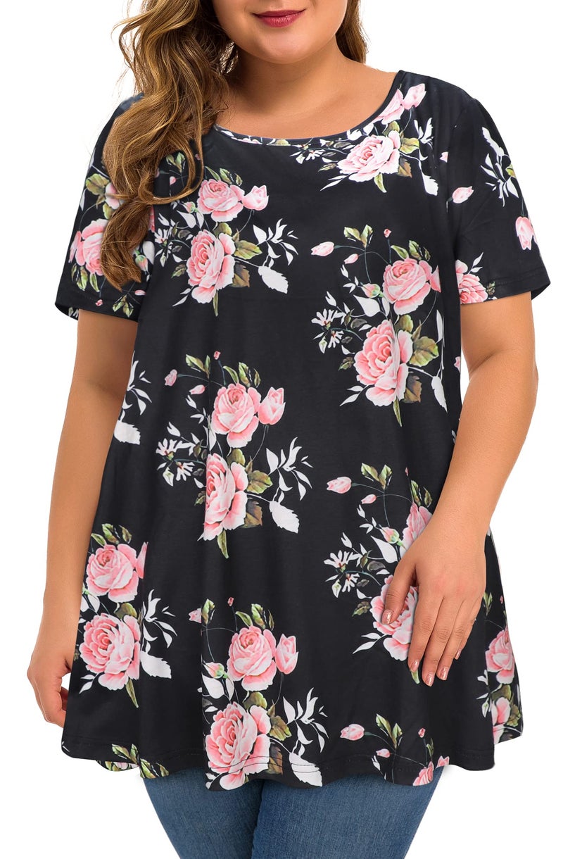 JOELLYUS Plus Size Tops for Women Tunic Floral Casual Short Sleeves T Shirts Flowy Blouses(BKPR,3XL) - Image 1