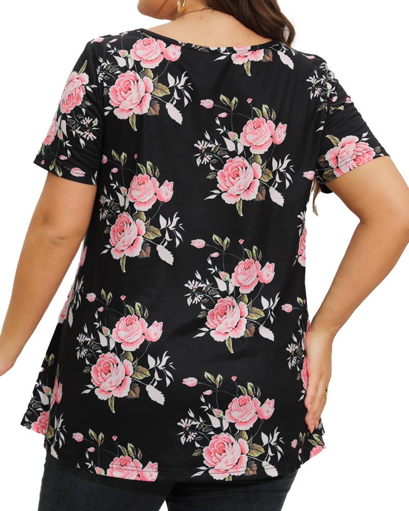 JOELLYUS Plus Size Tops for Women Tunic Floral Casual Short Sleeves T Shirts Flowy Blouses(BKPR,3XL) - Image 5