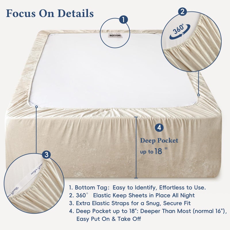 David's Home Velvet Fitted Sheet and Pillowcases Set Queen Size, Extra Deep Pocket up to 18", Soft Plush Fleece Bottom Sheet with Side Pocket & Elastic Corner Straps, Fall Winter, French Oak - Image 3