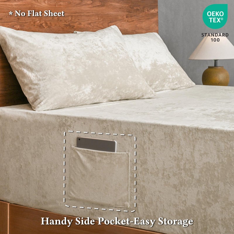 David's Home Velvet Fitted Sheet and Pillowcases Set Queen Size, Extra Deep Pocket up to 18", Soft Plush Fleece Bottom Sheet with Side Pocket & Elastic Corner Straps, Fall Winter, French Oak - Image 2