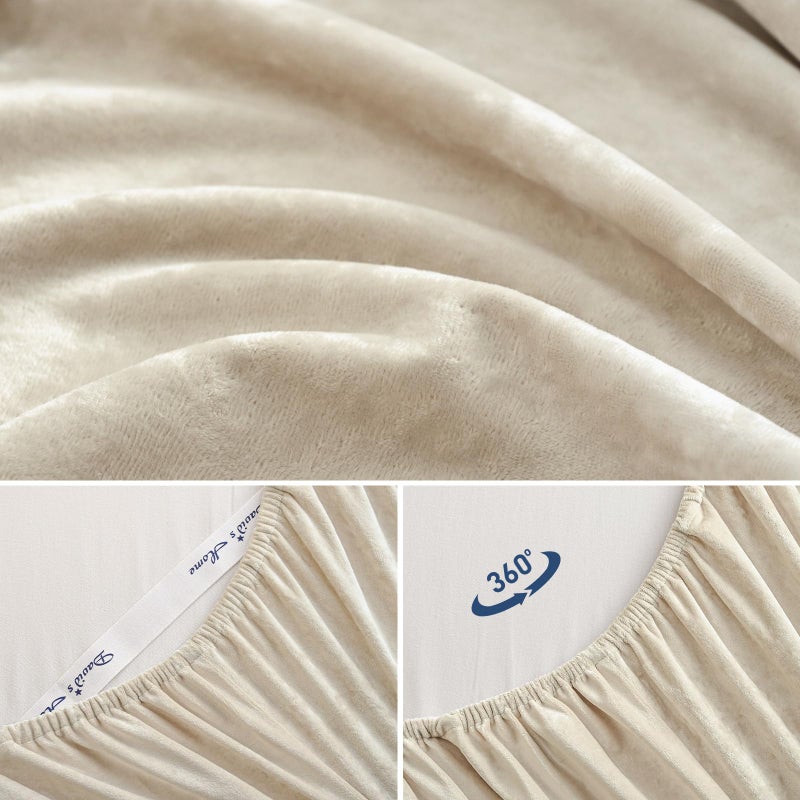 David's Home Velvet Fitted Sheet and Pillowcases Set Queen Size, Extra Deep Pocket up to 18", Soft Plush Fleece Bottom Sheet with Side Pocket & Elastic Corner Straps, Fall Winter, French Oak - Image 4