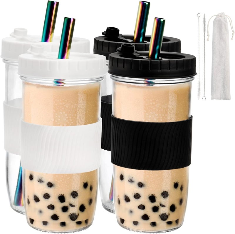Youeon 4 Pack 24 Oz Reusable Boba Cups with Lids and Straw Iced Coffee  Smoothie Cups Bubble Tea  Mason Jar Style with Silicone Sleeve BPA Free Dishwasher Safe 2 Colors