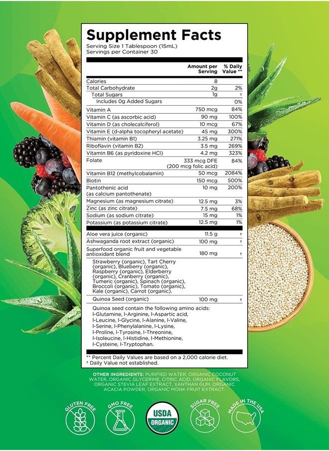 BoostMe - Organic Liquid Multivitamin with Ashwagandha, Amino Acids, Aloe Vera, Vegetables, Superfuits and Antioxidants 100% Organic Golden Elixir - Image 1
