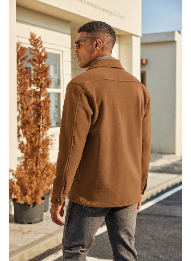 COOFANDY Men's Polar Fleece Shacket Long Sleeve Casual Button Down Shirt Jacket with Pockets, Camel, L - Image 3