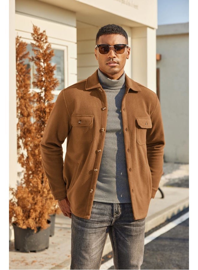 COOFANDY Men's Polar Fleece Shacket Long Sleeve Casual Button Down Shirt Jacket with Pockets, Camel, L - Image 2