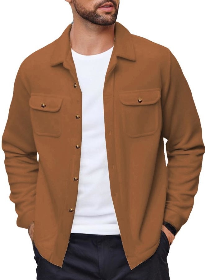 COOFANDY Men's Polar Fleece Shacket Long Sleeve Casual Button Down Shirt Jacket with Pockets, Camel, L - Image 1