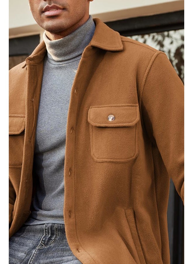COOFANDY Men's Polar Fleece Shacket Long Sleeve Casual Button Down Shirt Jacket with Pockets, Camel, L - Image 5