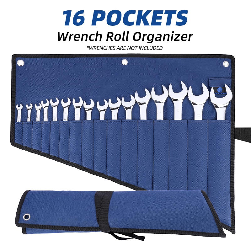 ROCKCOON 16 Pockets Wrench Roll Organizer, Rolled Tool Pouch Bag with Water Proof Oxford Cloth, Blue - Image 2