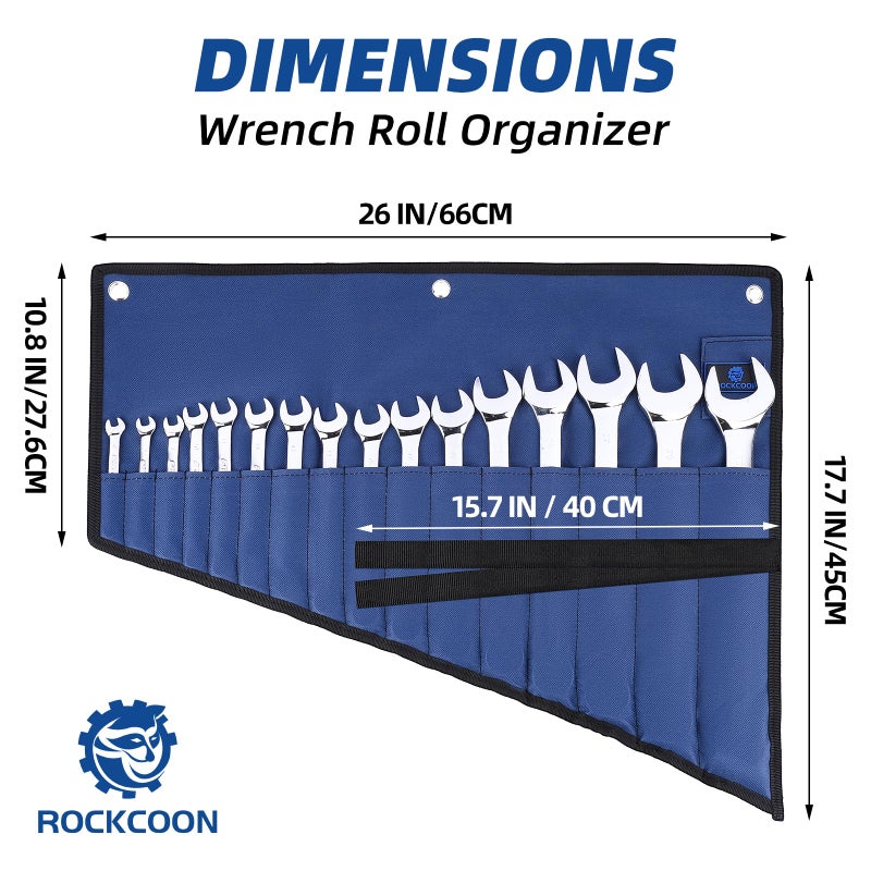ROCKCOON 16 Pockets Wrench Roll Organizer, Rolled Tool Pouch Bag with Water Proof Oxford Cloth, Blue - Image 4