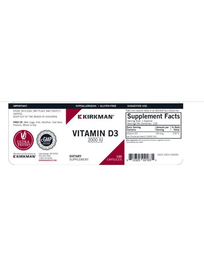 Kirkman Vitamin D-3 2000 IU Capsules - Hypo - 120 ct - Image 3