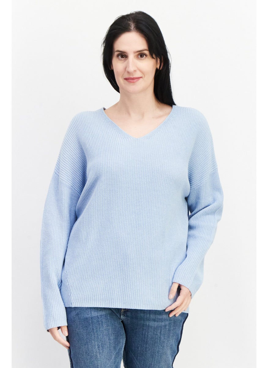 GERRY WEBER Women V Neck Long Sleeve Knitted Sweaters, Blue  - Image 1