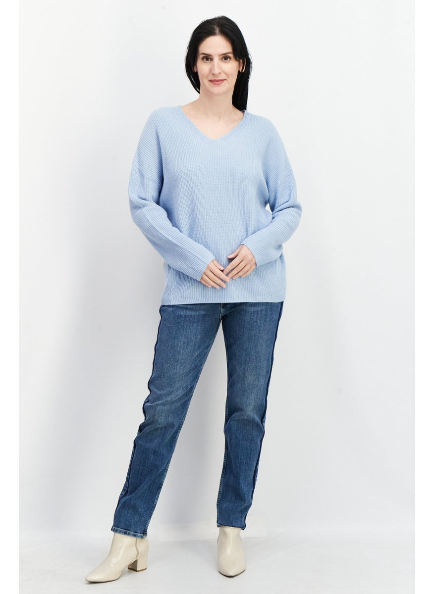 GERRY WEBER Women V Neck Long Sleeve Knitted Sweaters, Blue  - Image 3