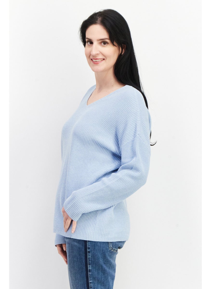 GERRY WEBER Women V Neck Long Sleeve Knitted Sweaters, Blue  - Image 2