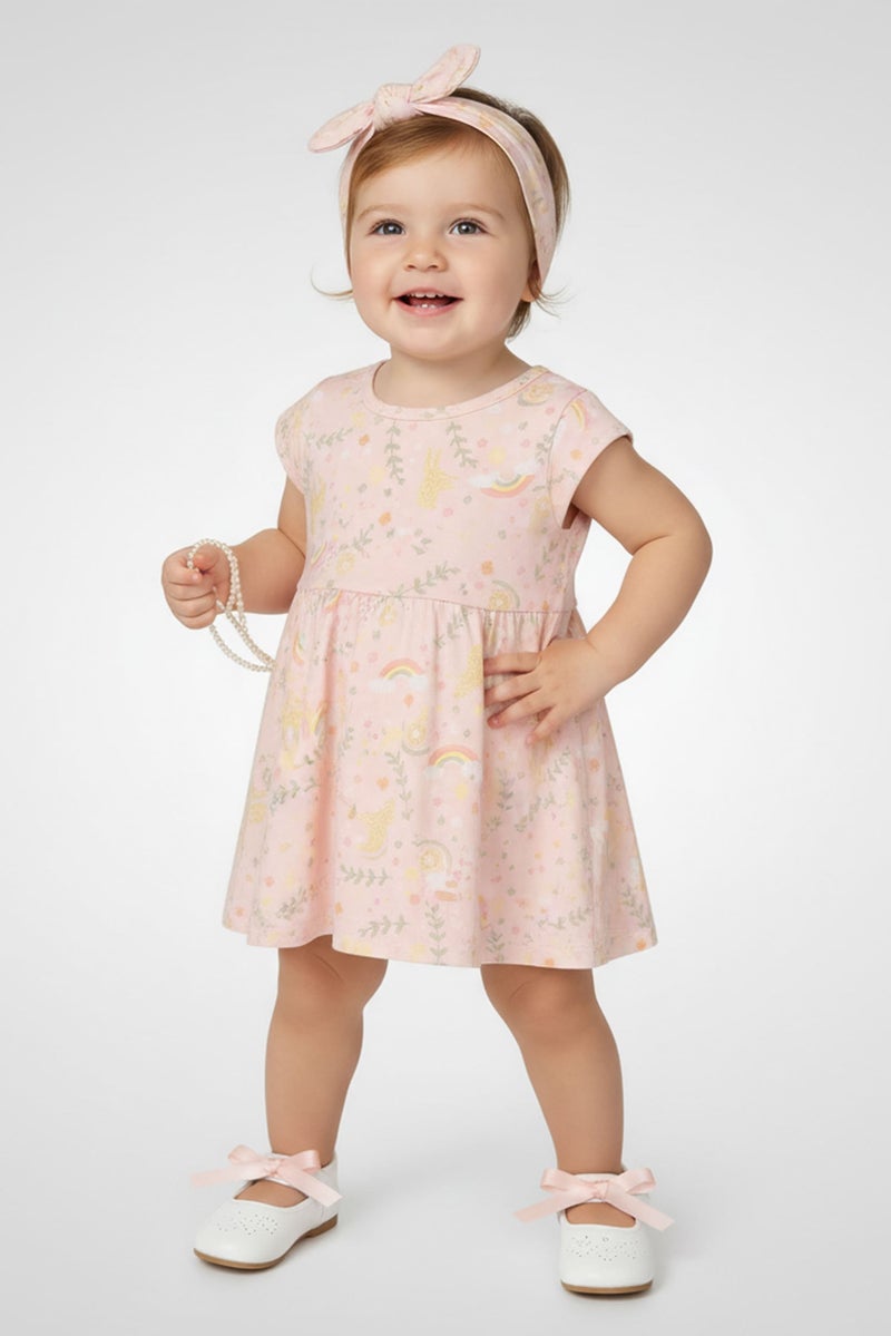 Young Hearts Toddlers Girl 4Pcs Floral Print Dress And Panty with Headband Set, Multicolor - Image 1