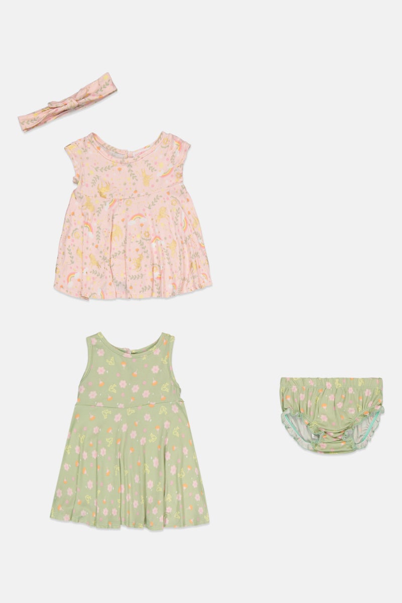 Young Hearts Toddlers Girl 4Pcs Floral Print Dress And Panty with Headband Set, Multicolor - Image 3