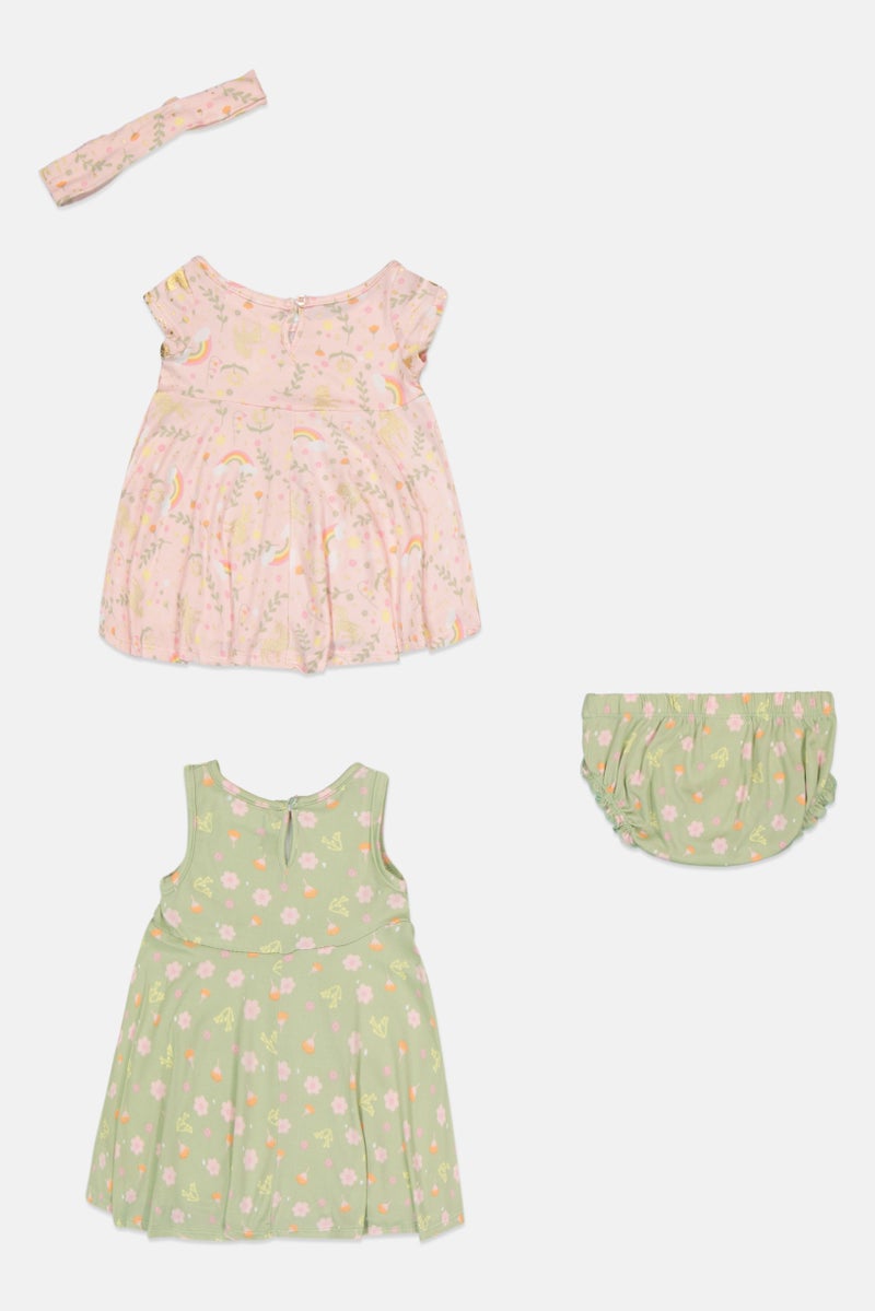 Young Hearts Toddlers Girl 4Pcs Floral Print Dress And Panty with Headband Set, Multicolor - Image 4