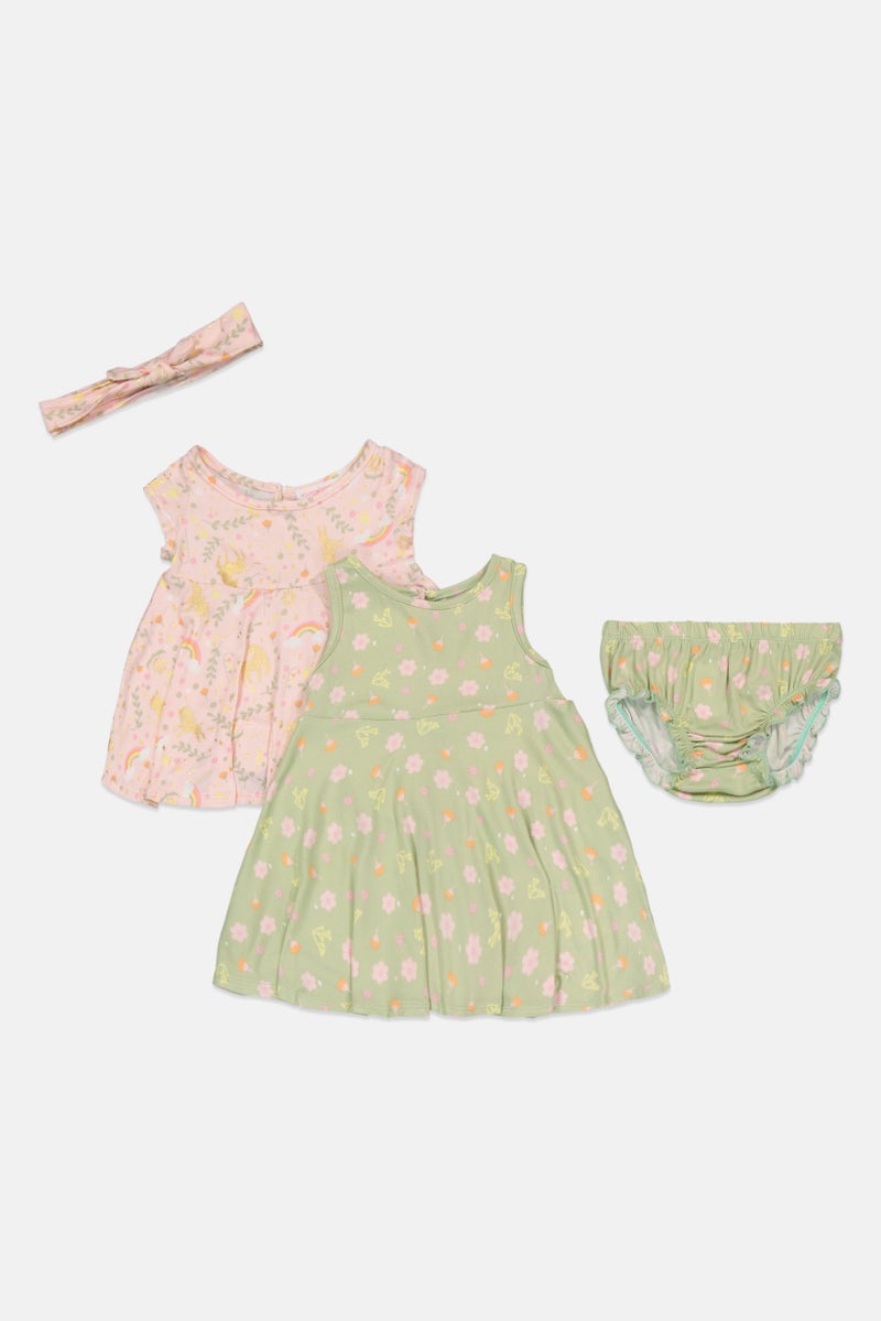 Young Hearts Toddlers Girl 4Pcs Floral Print Dress And Panty with Headband Set, Multicolor - Image 2