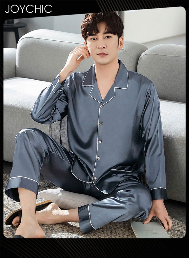 Joychic Solid Pattern Laple Pajamas for Men Spring and Autumn Long-sleeved and Trousers with High Stretch Ice Silk Comfortable Breathable Youth Home Sleepwear Loungewear Blue - Image 1