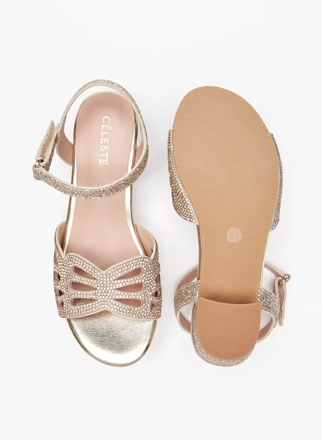 Celeste Girls' Embellished Block Heeled Sandals With Hook And Loop Closure
