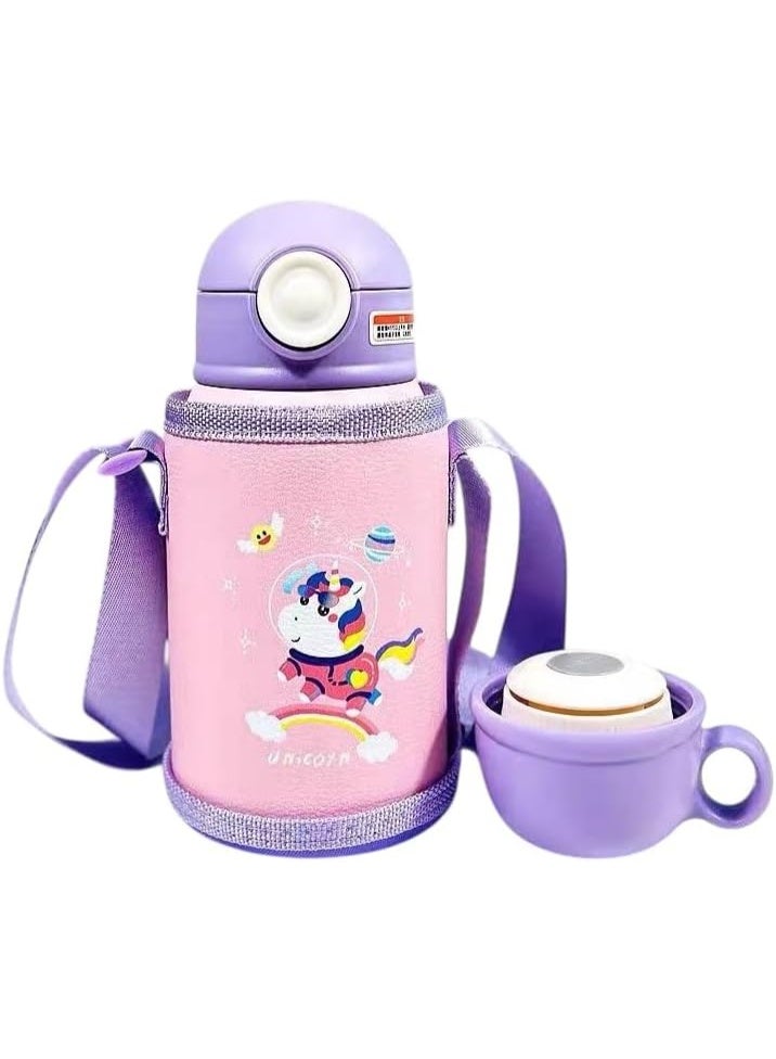 UKR 2 in 1 Kids Straw Water Bottle Stainless Steel with Button Dinosaur 550ml for School Nursery Insulated Flask with Cup 18 oz Leakproof with Case for Cold and Hot Drinks (Pink-Unicorn)