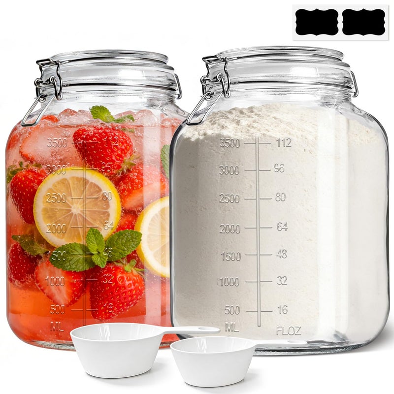 KTMAMA 1.1 Gallon Wide Mouth Glass Canisters with Airtight Lids & Measurement Marks (2-Pack) â€“ Includes 2 Measuring Scoops & Labels, Food Storage Jars for Flour, Sugar & Baking Supplies | BPA-Free - Image 1