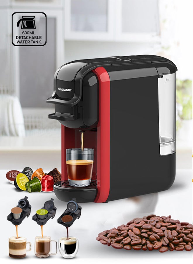 SONASHI 3 in 1 Multifunction Espresso Coffee Machine - with 600ML Detachable Water Tank | 3 Optional Adaptors and Auto Shut Off Options 600 ml 1450 W SCM-4969 Black/Red - Image 1