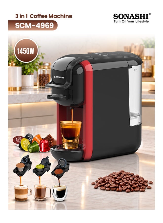 سوناشي ماكينة تحضير قهوة إسبريسو 3 في 1 متعددة الكبسولات 600 ml 1450 W SCM-4969 أسود/أحمر - Image 1