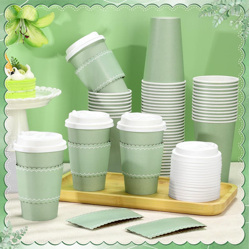 NatNarr 60 Pack Sage Green Coffee Cups with Lids Sleeves, 12oz Insulated To Go Paper Cups Sage Green Party Cups Disposable Paper Cups, Drinking Cups for Wedding Birthday Baby Shower Party Supplies - Image 3
