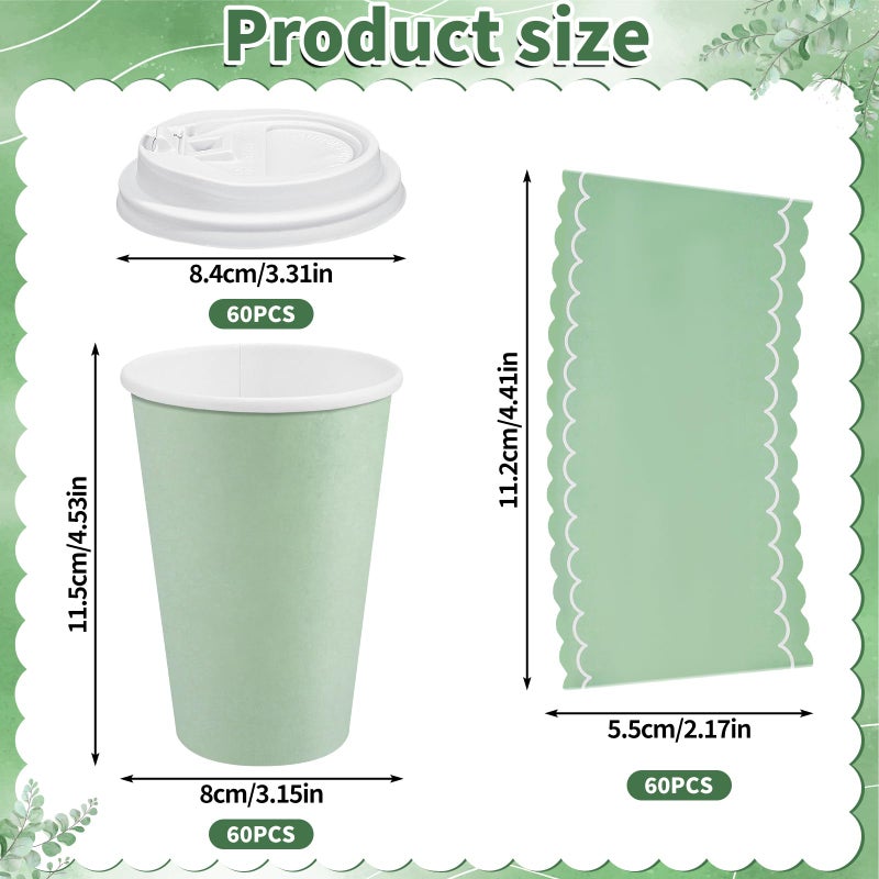 NatNarr 60 Pack Sage Green Coffee Cups with Lids Sleeves, 12oz Insulated To Go Paper Cups Sage Green Party Cups Disposable Paper Cups, Drinking Cups for Wedding Birthday Baby Shower Party Supplies - Image 2