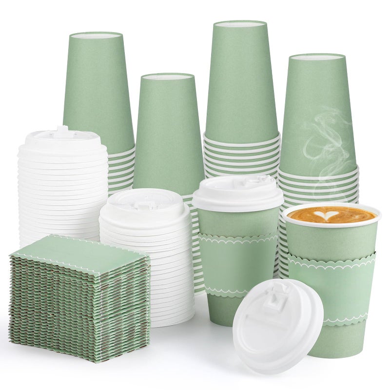 NatNarr 60 Pack Sage Green Coffee Cups with Lids Sleeves, 12oz Insulated To Go Paper Cups Sage Green Party Cups Disposable Paper Cups, Drinking Cups for Wedding Birthday Baby Shower Party Supplies - Image 1