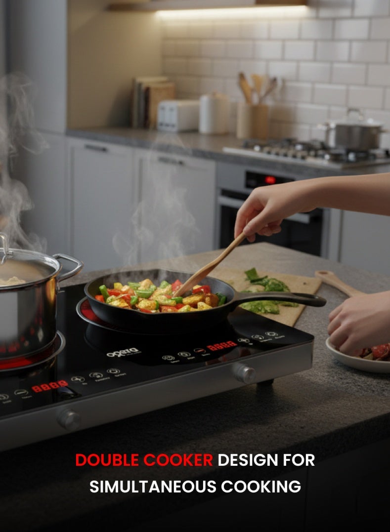 أوجيرا موقد أشعة تحت الحمراء مزدوج بقدرة 4000 واط مع عنصر تسخين سيراميك، 9 إعدادات لدرجة الحرارة، مؤقت حتى 99 دقيقة، شاشة عرض رقمية LED، تحكم باللمس والمقبض، قفل أمان للأطفال وحماية من ارتفاع الحرارة، موديل OG8040IFC، ضمان لمدة سنتين - Image 5