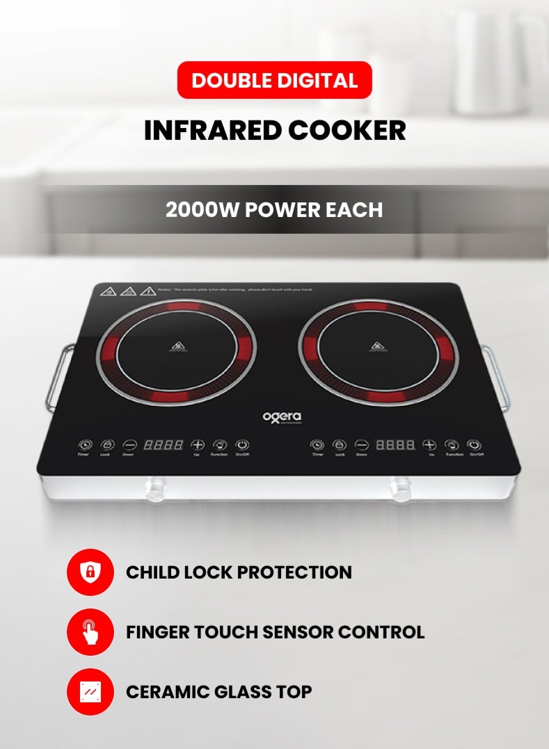 أوجيرا موقد أشعة تحت الحمراء مزدوج بقدرة 4000 واط مع عنصر تسخين سيراميك، 9 إعدادات لدرجة الحرارة، مؤقت حتى 99 دقيقة، شاشة عرض رقمية LED، تحكم باللمس والمقبض، قفل أمان للأطفال وحماية من ارتفاع الحرارة، موديل OG8040IFC، ضمان لمدة سنتين - Image 1