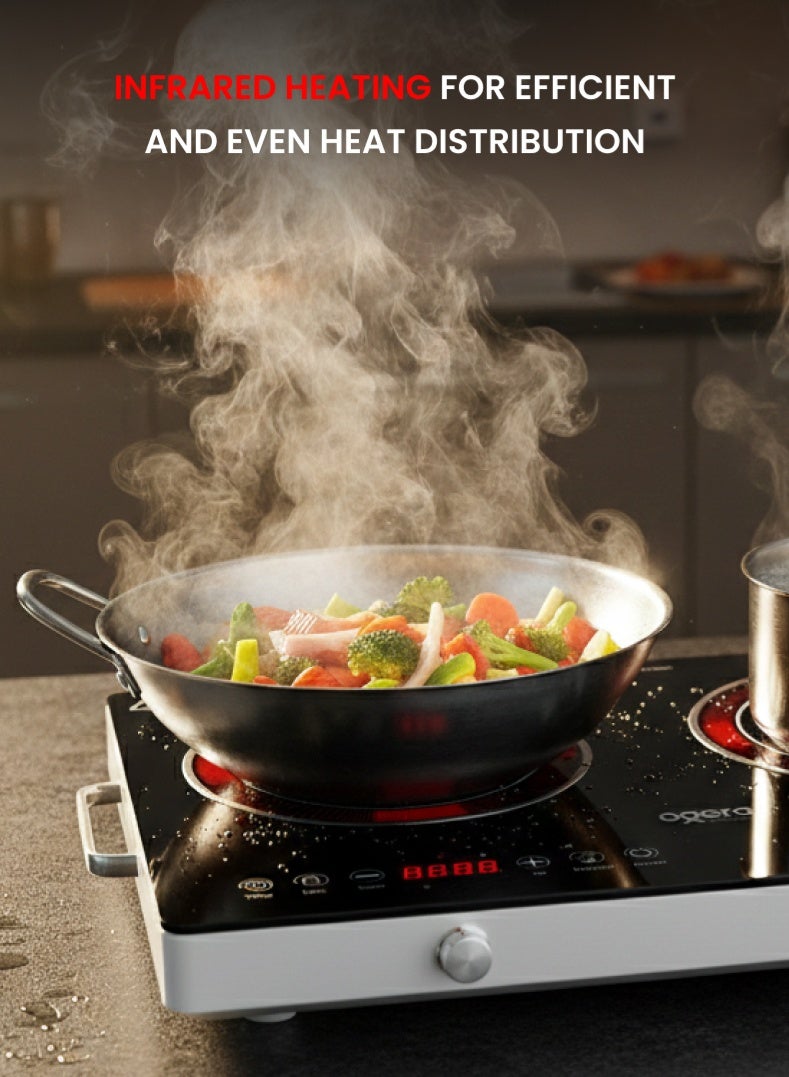 أوجيرا موقد أشعة تحت الحمراء مزدوج بقدرة 4000 واط مع عنصر تسخين سيراميك، 9 إعدادات لدرجة الحرارة، مؤقت حتى 99 دقيقة، شاشة عرض رقمية LED، تحكم باللمس والمقبض، قفل أمان للأطفال وحماية من ارتفاع الحرارة، موديل OG8040IFC، ضمان لمدة سنتين - Image 4