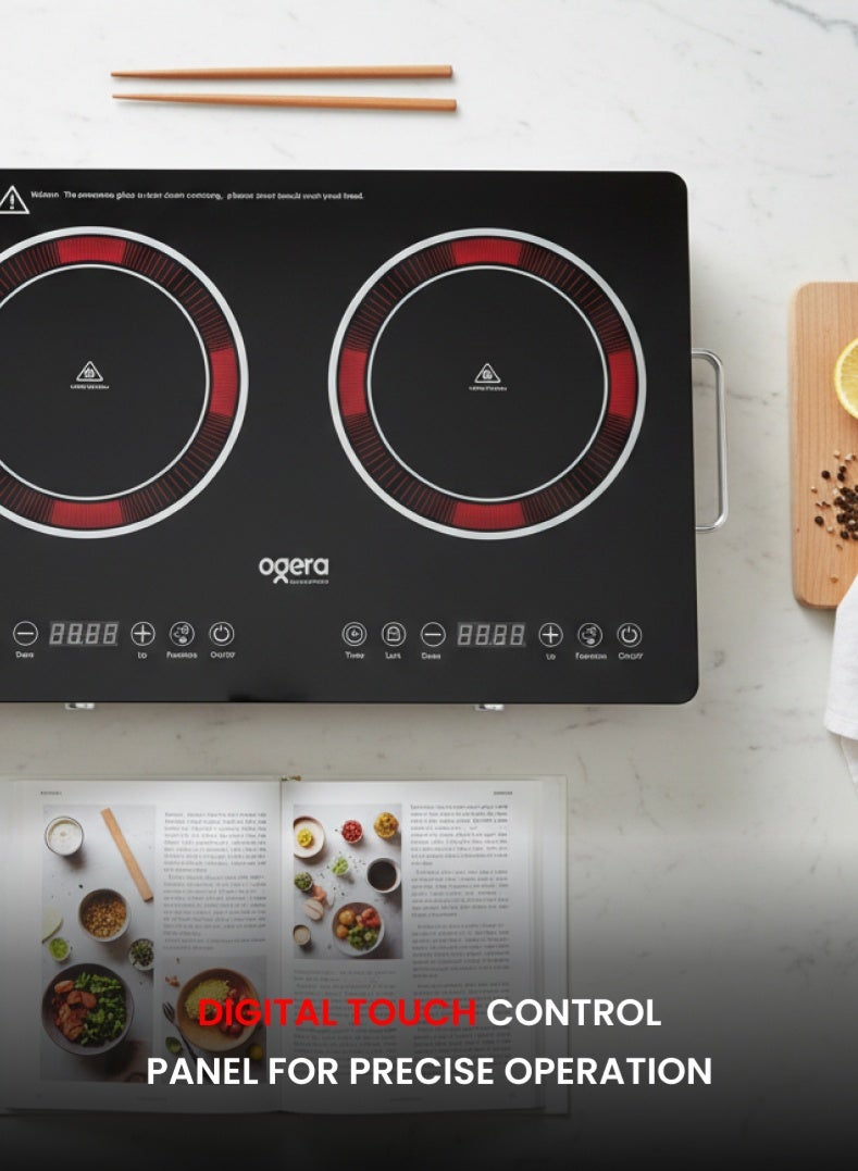 أوجيرا موقد أشعة تحت الحمراء مزدوج بقدرة 4000 واط مع عنصر تسخين سيراميك، 9 إعدادات لدرجة الحرارة، مؤقت حتى 99 دقيقة، شاشة عرض رقمية LED، تحكم باللمس والمقبض، قفل أمان للأطفال وحماية من ارتفاع الحرارة، موديل OG8040IFC، ضمان لمدة سنتين - Image 3