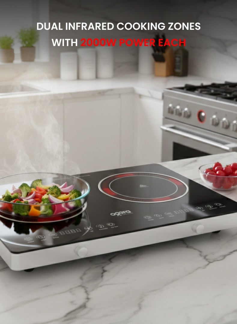 أوجيرا موقد أشعة تحت الحمراء مزدوج بقدرة 4000 واط مع عنصر تسخين سيراميك، 9 إعدادات لدرجة الحرارة، مؤقت حتى 99 دقيقة، شاشة عرض رقمية LED، تحكم باللمس والمقبض، قفل أمان للأطفال وحماية من ارتفاع الحرارة، موديل OG8040IFC، ضمان لمدة سنتين - Image 2