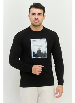 Men Crew Neck Long Sleeves Graphic Print T-Shirt, Black